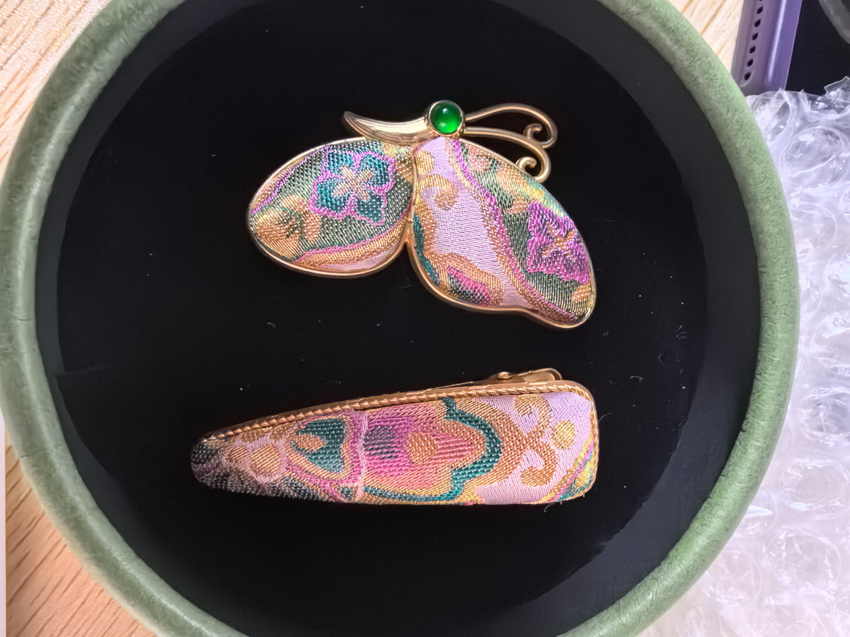 Botanical butterfly brooch made with Song Jin silk brocade